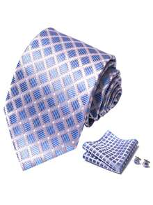 AlanKing Bộ 3 món dành cho nam gồm cà vạt, khăn cài túi áo và khuy măng sét, họa tiết sọc/hình học, phù hợp cho các cuộc họp kinh doanh, tiệc tùng, lễ phục chú rể, tiệc chiêu đãi. - Màu sắc hỗn hợp - Xem 6