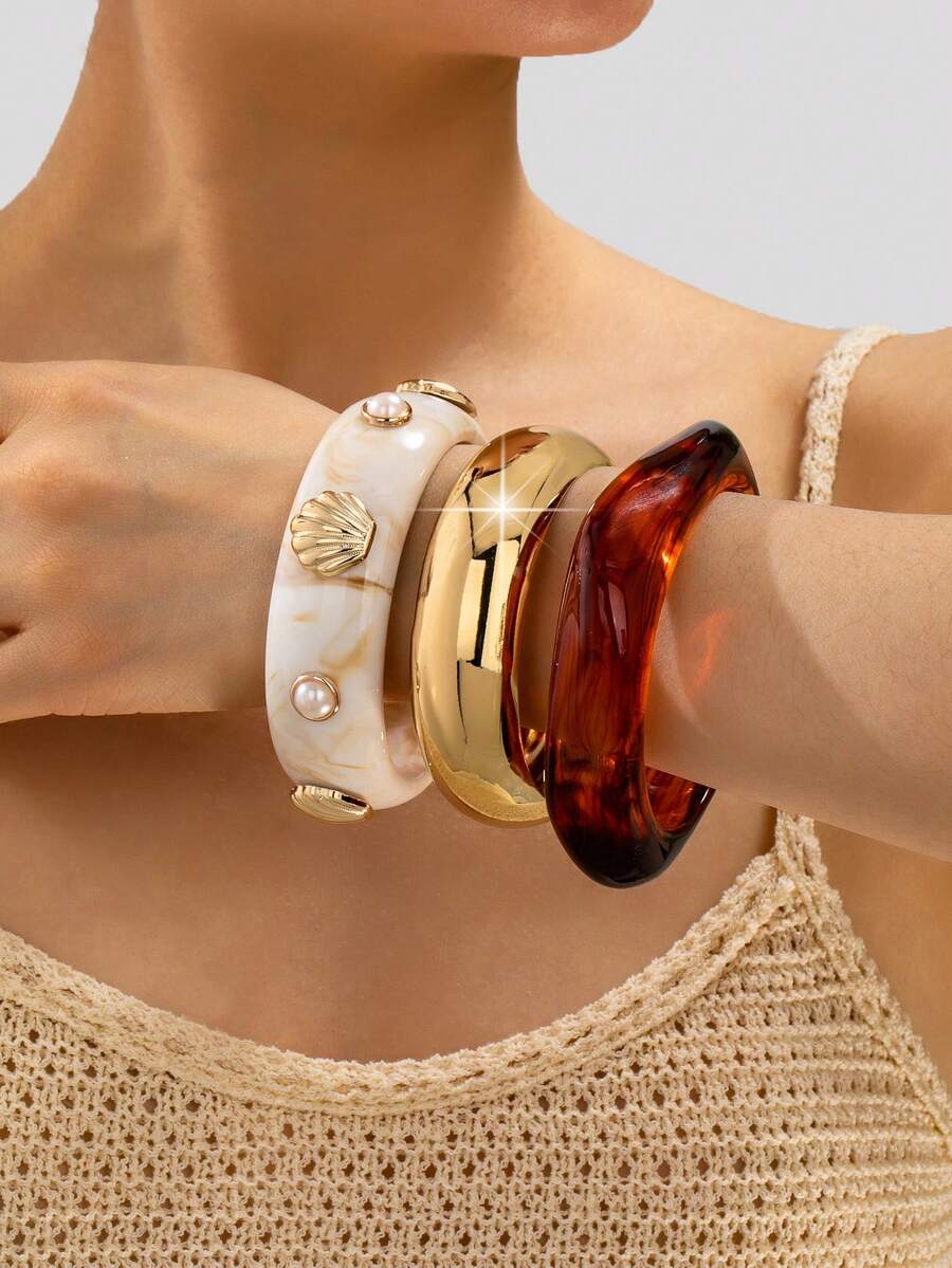 Set de 3 pendientes de aro de acrílico de moda con colgante de concha y perla incrustada, adecuado para uso diario y de fiesta de mujeres, set de pulseras apilables - Blanco - Ver 1