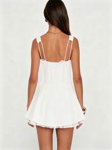 Women's Flower Embroidery Boho Mini Dress Backless Self-Tie Bowknot Square Neck Wide Straps Ruffle Mini Dresses Sleeveless Summer Vacation Short A-Line Dress - Ivory - View 4