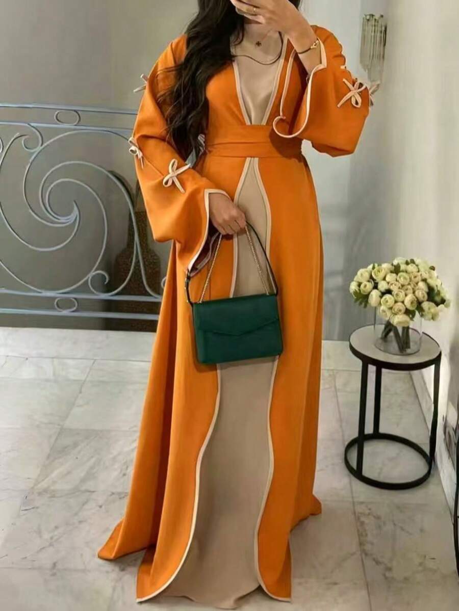 Áo khoác cardigan dài thắt nơ thời trang theo mùa, màu trơn, chất liệu mềm mại, thoải mái, có thắt lưng, phù hợp cho các kỳ nghỉ và mặc hàng ngày. - gừng - Xem 1