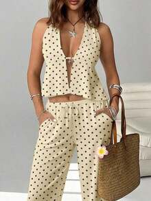 2 piezas Conjunto casual de vacaciones para mujer con top halter sin espalda y pantalones en color caqui tejido - Multicolor 4 - Ver 4