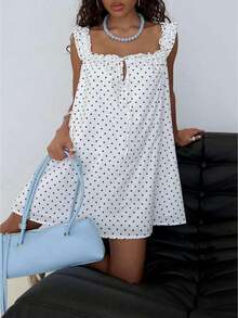 Women's Casual Mini Dress, Loose Fit, Polka Dot/Solid Color Print, Bow, Ruffles, Sleeveless Square Neck A Line Short Dresses Flowy Dresses SummerBeach - Ngà voi - Xem 2