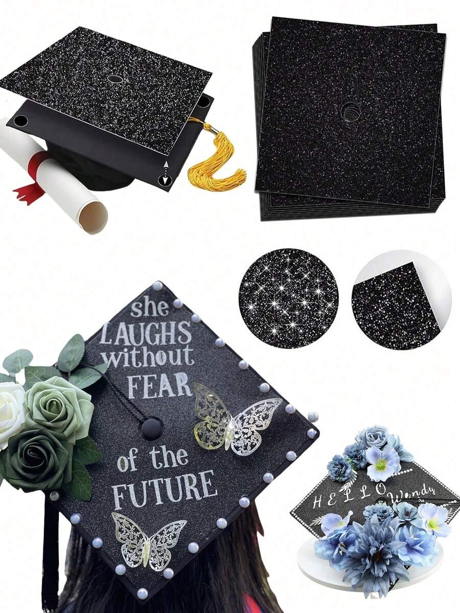 5pcs Graduation Cap Decorations, Graduation Season Decorations, Glitter DIY Graduation Cap Stickers With Adhesive Backing, Suitable For DIY Graduation Cap Decoration, Graduation Celebration Party Supplies, Graduation Scrapbooking DIY, Graduation Party Favors - Multicolor - View 1