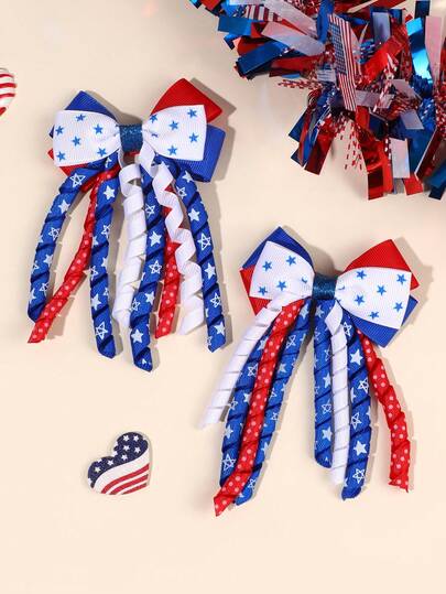 2pcs Memorial Day Korker Hair Bows For Baby Girls 4th Of July Curly Korker Bow Alligator Clips Red White Blue Boutique Hair Clips Toddler Girl Bows Barrettes Kids Baby Hair Accessories