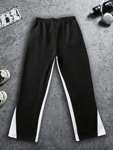 Geometric Flame Pattern Print Color Block Sweatpants For Men, Polyester Drawstring Pants, Black & White Loose Straight Leg Streetwear Trousers - Black - View 2