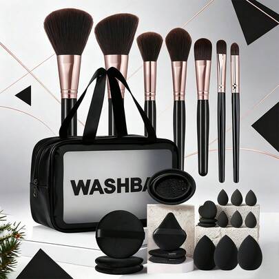 27 piezas Juego de herramientas de maquillaje todo en uno con 7 piezas de brochas de maquillaje, bolsa de cosméticos con cremallera multifuncional y resistente al agua, esponjas de maquillaje, mini esponjas de maquillaje, borlas redondas, borlas triangulares, mini borlas de cojín y limpiador de brochas de maquillaje para maquillaje diario