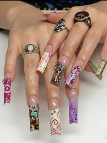 24pcs Y2K Colorful Flower, Stripe, Star, Grid, Line Glossy Nail Art Stickers, Elegant & Design, Suitable For Dates, Parties, Spring/Summer, Autumn/Winter Daily Wear, Removable Press-On Nails Set With Jelly Gel And File Included, Random Jelly Gel Color - Multicolor - View 1