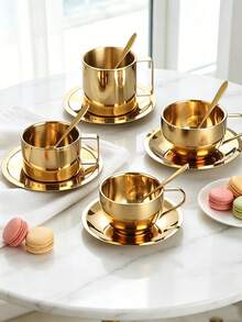 304 Stainless Steel Double-Wall Coffee Cup Set, Insulated Latte Cup And Saucer Set, European Minimalist Ins Style Water Cup - Gold - View 3