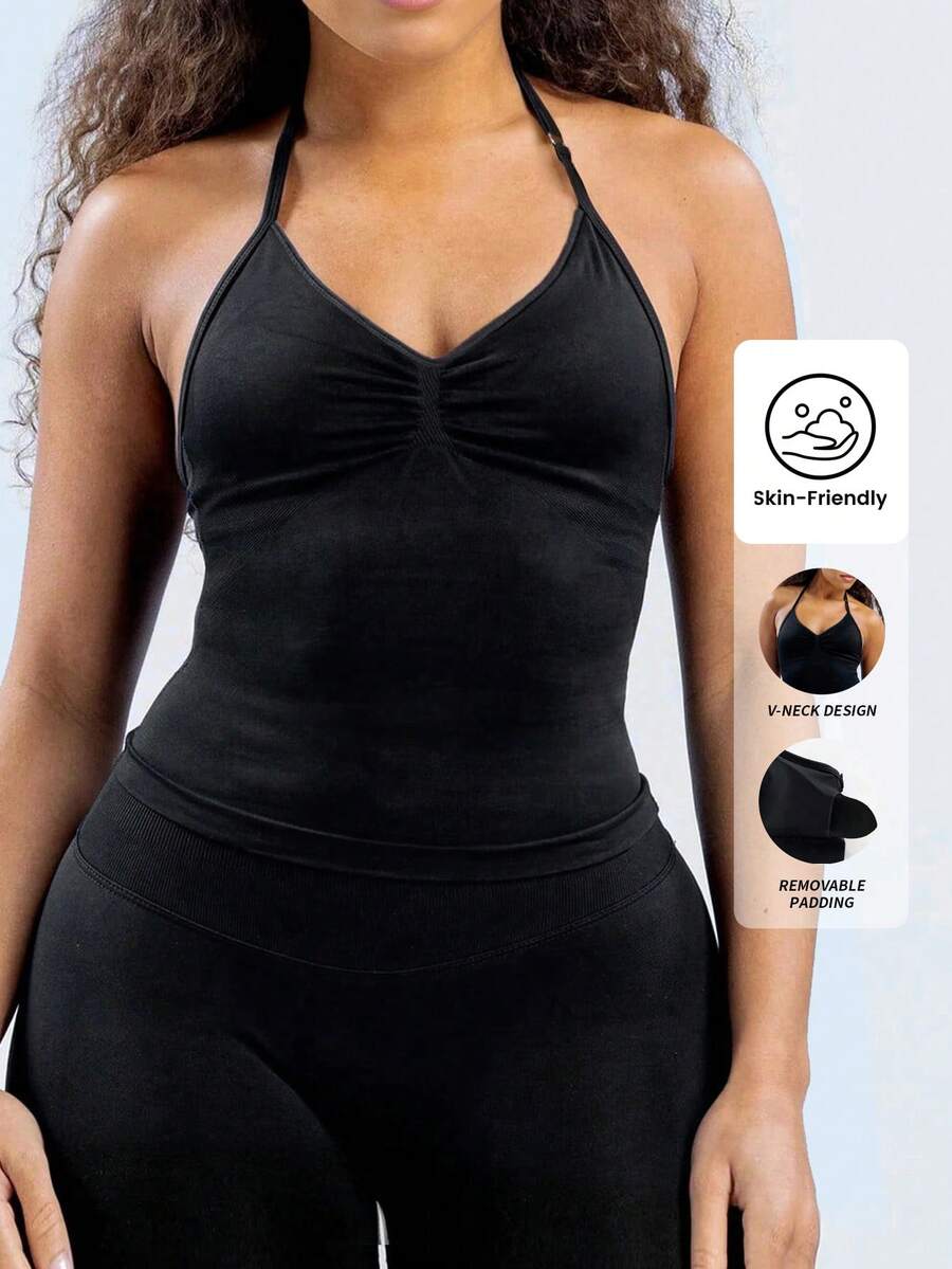 Yefecy New Impact Sports Yoga Tank Top, Women Fitness Yoga Shirt, Workout Clothes, Racerback Ruched Built-In Bra Crop Top With Adjustable Straps Black Spring - Black - View 1