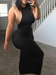 LovelyWholesale Women's Sexy Elegant Spaghetti Strap Backless Solid Color Slim Fit Dress, Summer Party Black - Black - View 2