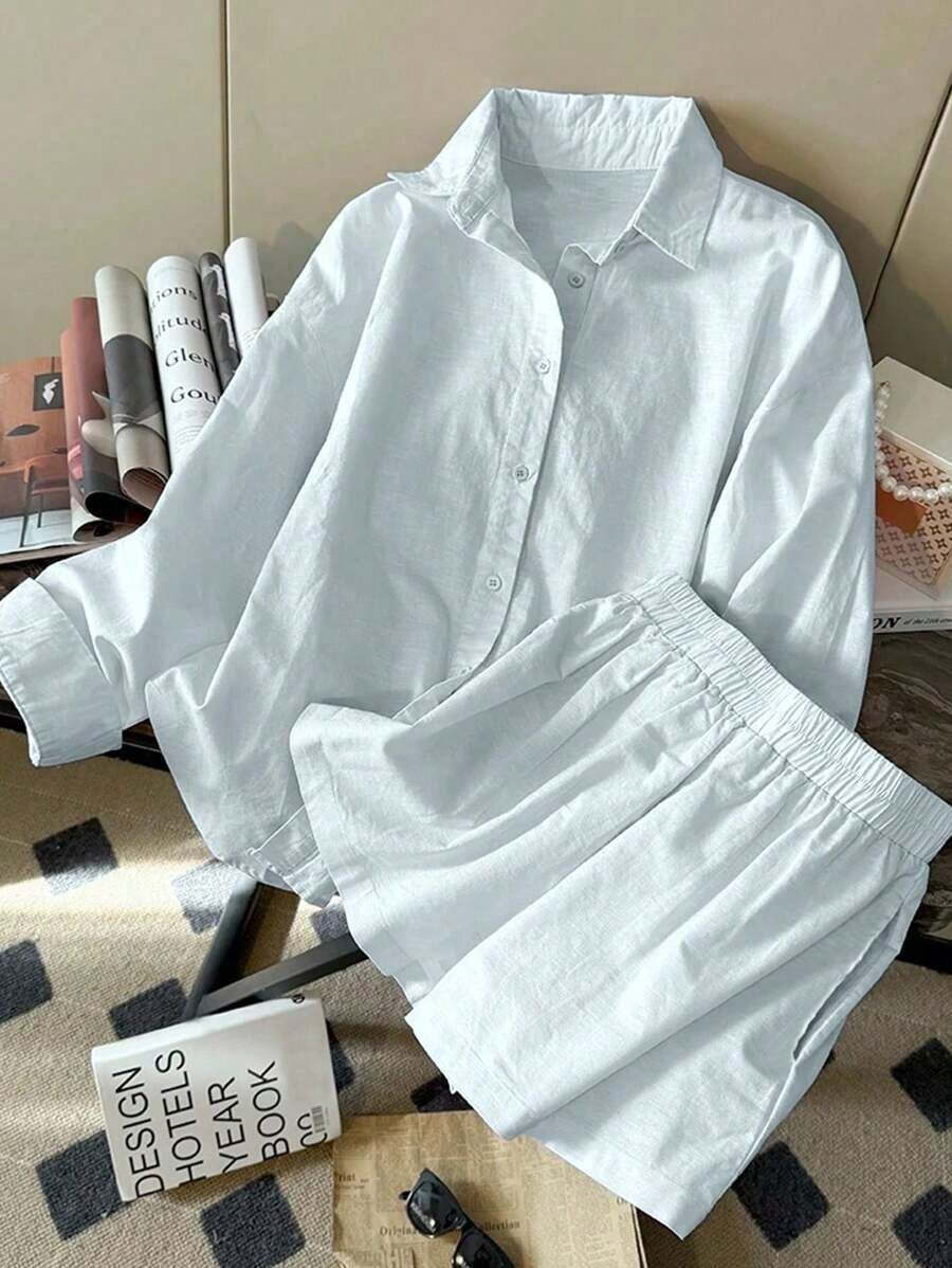 conjunto de 2 piezas de pantalón corto y blusa de manga larga de lino informal y holgado de moda minimalista para mujer - Azul 2 - Ver 1
