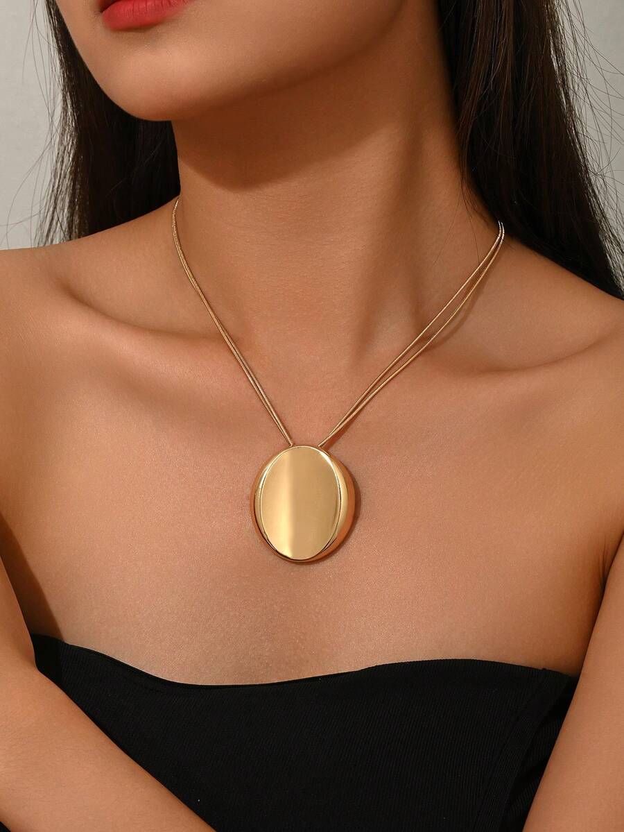 1件简约亮面金色椭圆形吊坠项链，女士百搭，适合日常、休闲、派对、约会、送礼等场合。 - 金黃色 - 查看 1