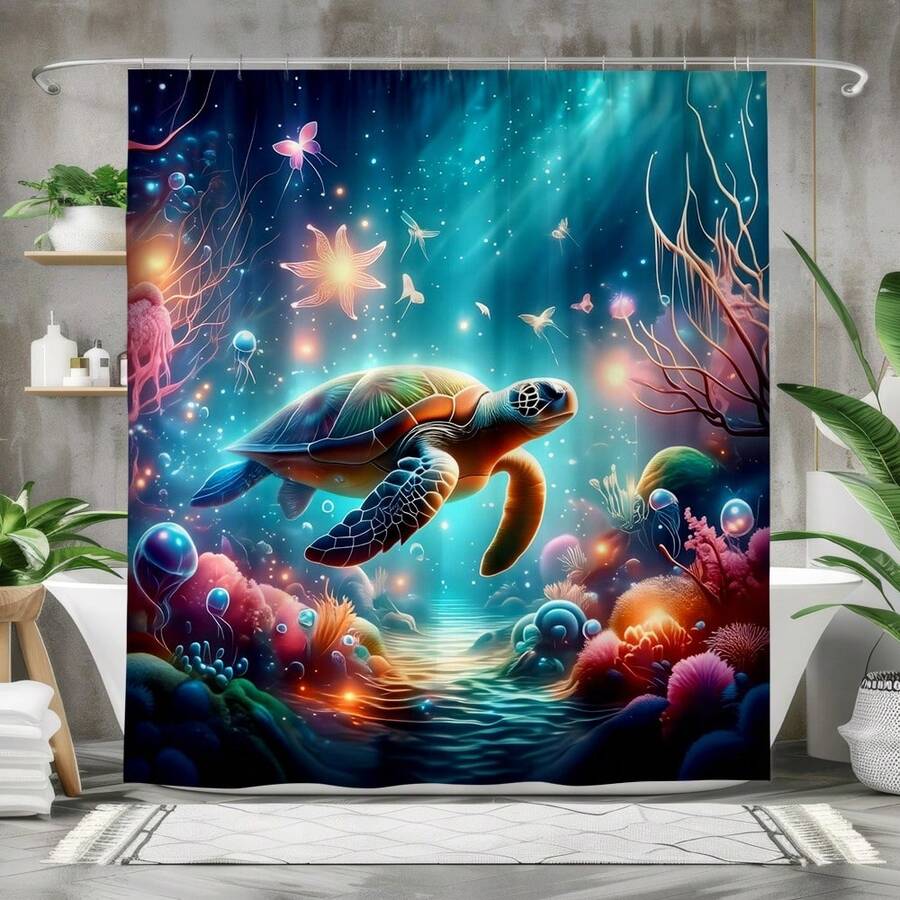 1件装 2D 平面热带海洋海龟浴帘,色彩鲜艳的海洋珊瑚水下生物浴室装饰,彩色水生主题家居饰品,带挂钩,海滩航海设计,美丽的艺术野生动物风景 - 彩色 - 查看 1