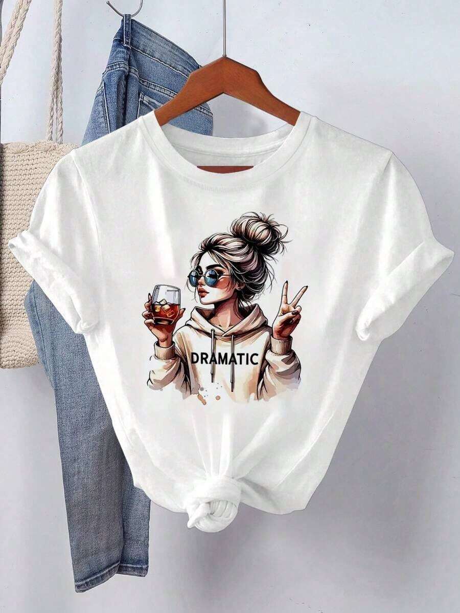Camiseta de cuello redondo de manga corta con eslogan irónico gráfico, camiseta de moda divertida para adultos adecuada para uso casual diario - Blanco - Ver 1
