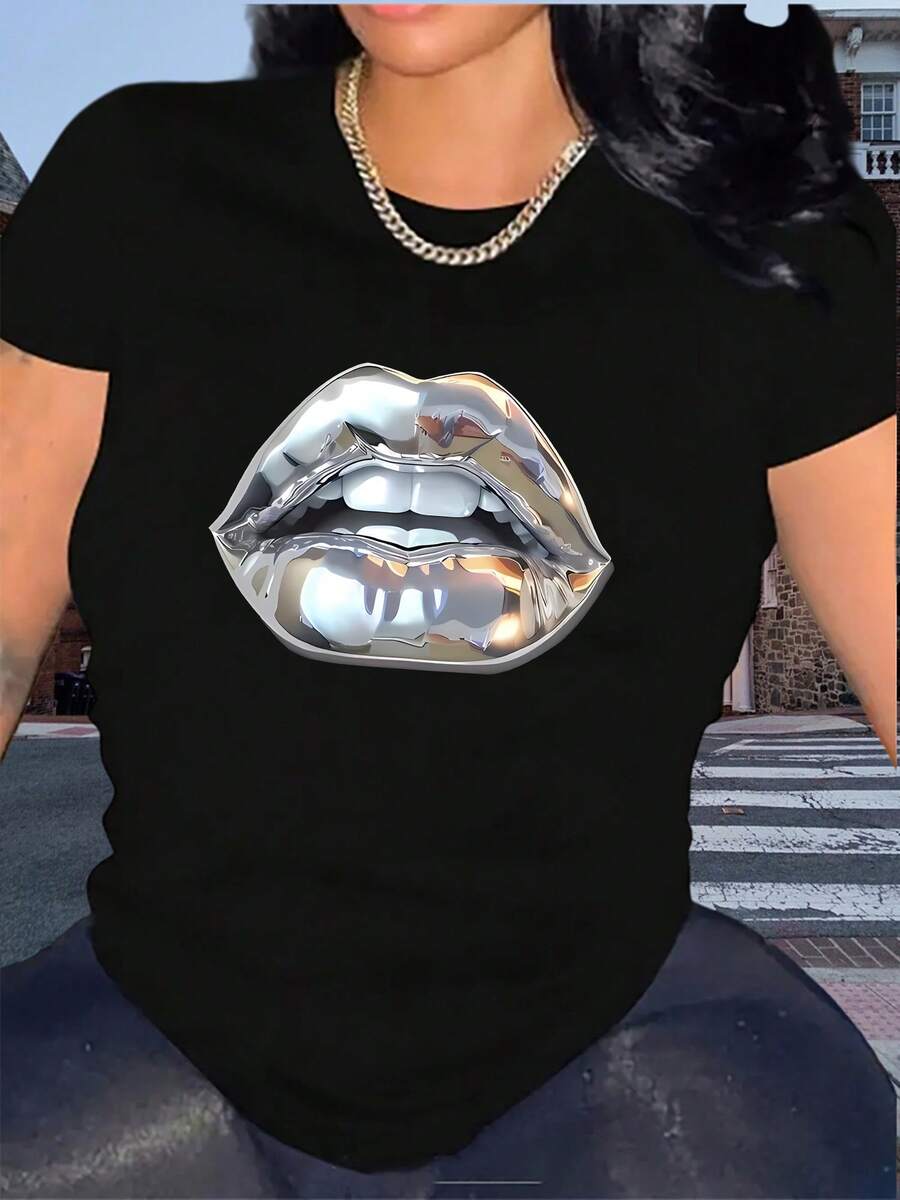 Women's Extra Large Fashion Lip Design T-Shirt, Round Neck, Short Sleeves, Simple And Comfortable Style, Ideal For Summer And Vacation-X