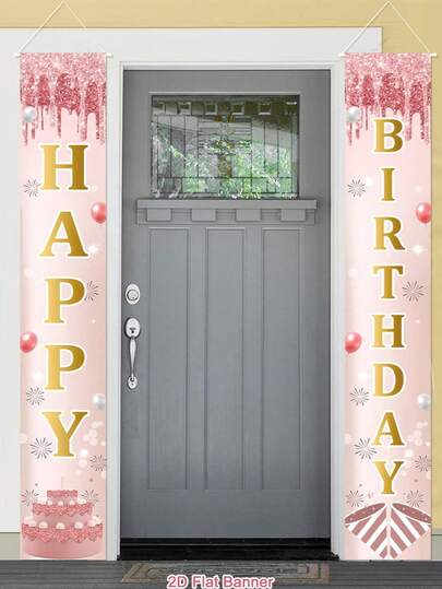 Bộ 2 banner chúc mừng sinh nhật treo cửa, thiết kế bánh kem và bóng bay màu vàng hồng, kích thước 30*180cm, chất liệu polyester, thích hợp trang trí tường trong nhà/ngoài trời, phụ kiện tiệc sinh nhật, quà tặng sinh nhật, trang trí nhà cửa, kỷ niệm.