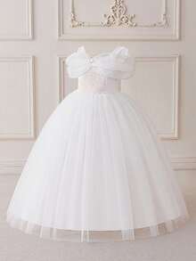 Young Girls' Blue Off-Shoulder Spaghetti Strap Tulle Princess Dress, Suitable For Parties - White - View 5