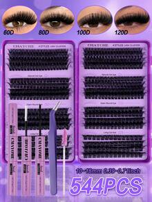 544/640/180 Clusters D Curl Reusable False Eyelash Book, Classic Eyelash Set With Glue, Brush, Tweezers, Suitable For Beginners, Soft Natural Segmented Eyelashes, Fluffy Mixed DIY Eyelashes, Easy For Daily Makeup Use, Gift For Her - Purple - View 20