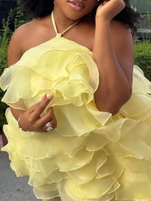 Women's Sexy Halter Neck Ruffled Layer Mini Dress | Mesh Tiered Frill Design, Ideal For Party Events, Prom & Birthday Parties - Yellow - View 2