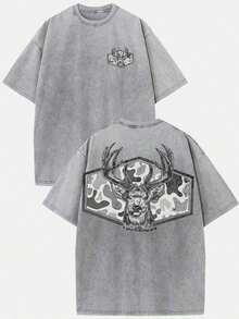 ( T-Shirt)Vintage Washed Cotton Hunting T-Shirt, Camo Deer Head Graphic, Loose Casual Crew Neck Short Sleeve Tee,2026 Casual Vintage Washed Print Tee For Men,Festival Outfit - 灰色 - 查看 1