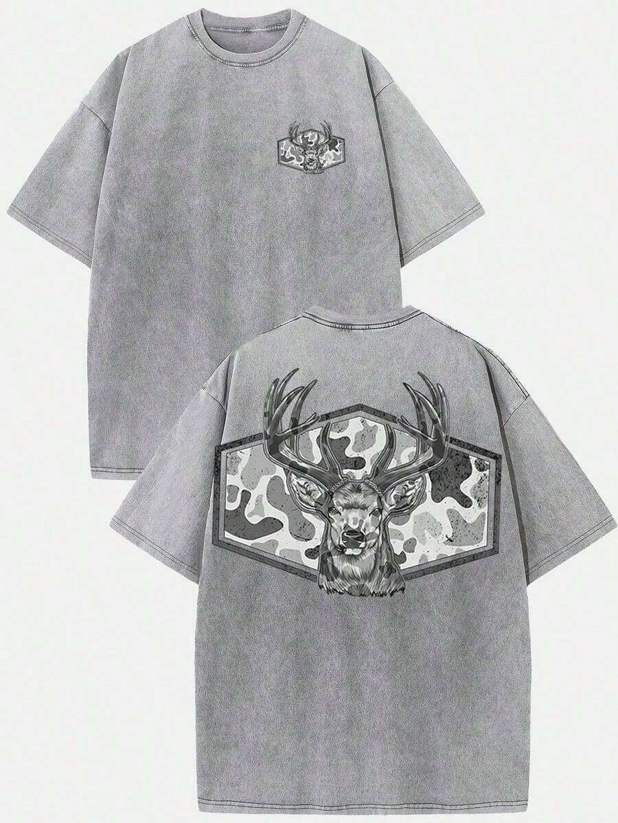 ( T-Shirt)Vintage Washed Cotton Hunting T-Shirt, Camo Deer Head Graphic, Loose Casual Crew Neck Short Sleeve Tee,2026 Casual Vintage Washed Print Tee For Men,Festival Outfit - 灰色 - 查看 1