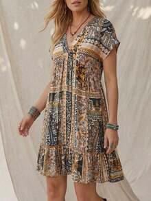 Vestido corto casual de vacaciones románticas de playa rosa para mujer en verano - Multicolor 4 - Ver 4