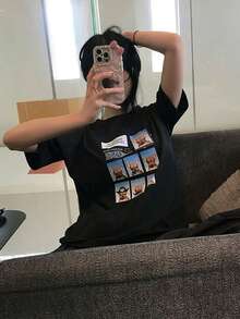 A Round Neck Short Sleeve T-Shirt With A Stylish White Lettering Print, A Loose Top That Goes Well With Summer Fashion - Black - View 1