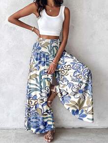 Vintage Floral Print High Waist Casual Loose Women's Wide Leg Pants, Bohemian Style Elastic Waist Long Relaxed Palazzo Pants, Suitable For Spring/Summer Outings, Vacations And Daily Commute - Blue - View 5