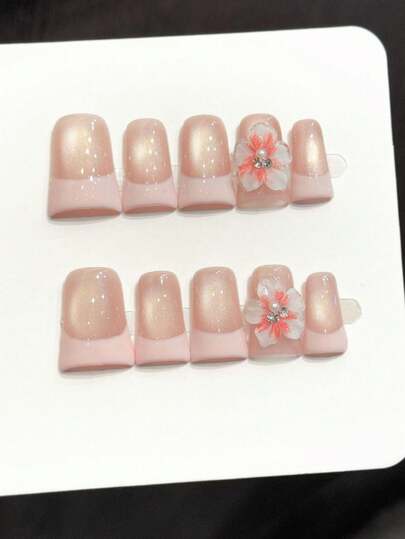 Handmade Square Shaped Press-On Nails With Y2K Baddie Style, Pink Nails, Featuring Pink, Nude Pink Cat Eye French Tips, Pink Tip,Pink Flowers. Designed For Women And Girls, 10Pcs/Set With 3 Size Options, Suitable For Parties, Ceremonies, And Daily Wear. Includes Manicure Tools, Ideal Gift For Ladies And Girls. Nail Supplies Nails Handmade Press On Nails.Summer Nails.