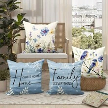 Bộ 4 vỏ gối trang trí in hình hoa, bướm và chim với câu nói mùa xuân, kích thước 18 x 18 inch, màu xanh dương, dành cho ghế sofa (in hai mặt, không bao gồm ruột gối). - Nhiều màu - Xem 10