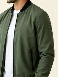 AHTELB Men's Spring/Autumn Jacket, Solid Color Long Sleeve Outerwear, Varsity Baseball Collar Jacket, Jacket For Men Men Jacket Sports - Green - View 5