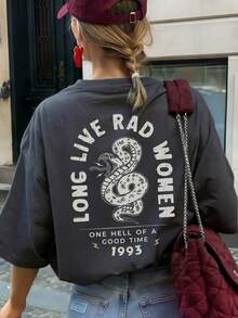 轻盈舒适柔软的短袖T恤，修身剪裁，适合全天穿着，INS街头风Pinterest“女神万岁”蛇纹印花，炭灰色夏季休闲上衣 - 深灰色 - 查看 2