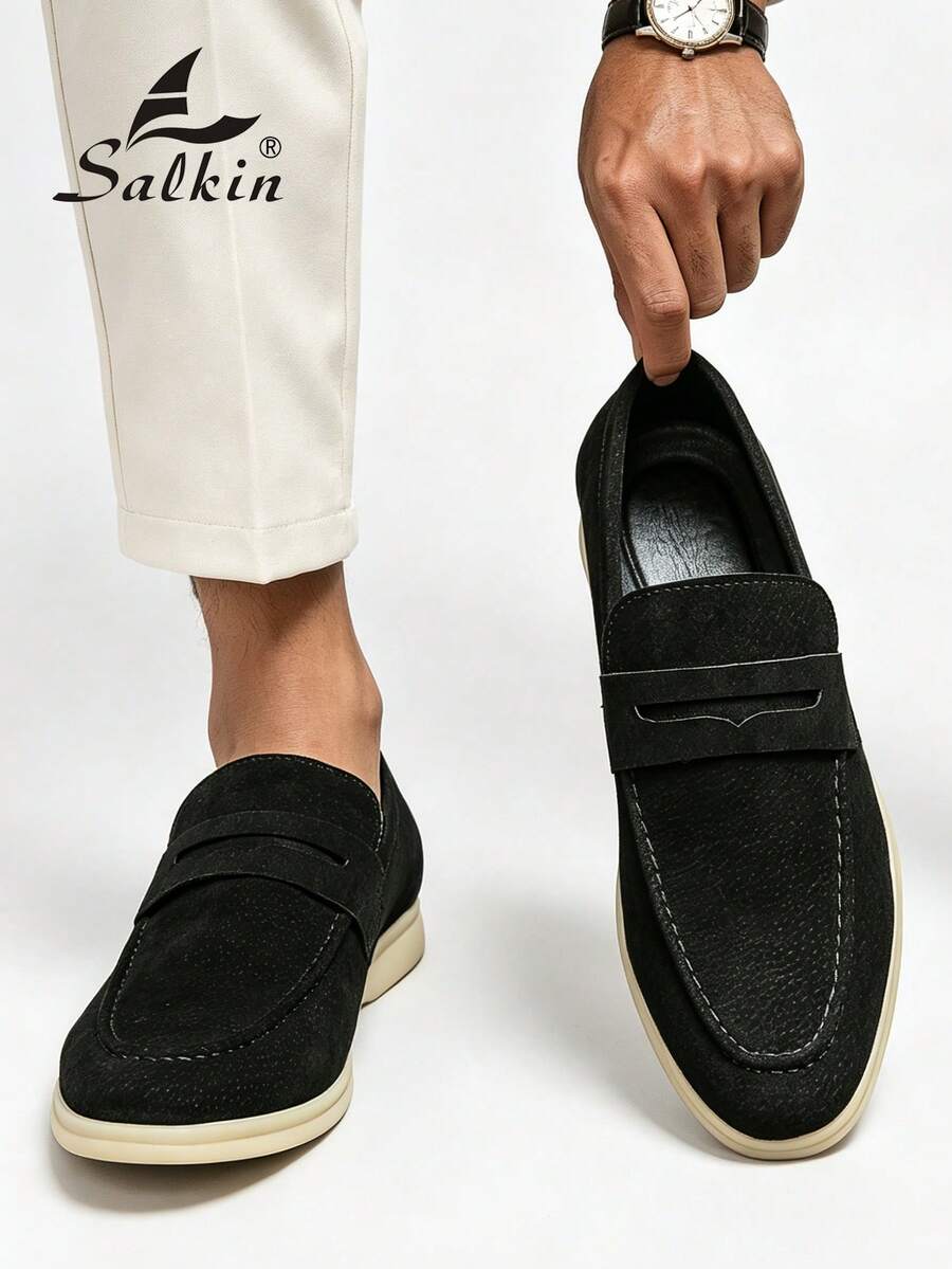 Salkin 男士奢华一脚蹬便士乐福鞋，纯色仿麂皮休闲鞋，柔软舒适，防滑耐磨鞋底，时尚优雅的绅士鞋款，适合商务、派对、婚礼、春夏秋季穿着。尺码偏大，建议选购小一码。
