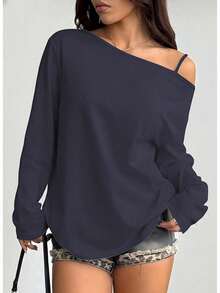 Women's Off-Shoulder Long-Sleeve Shirt, Loose Casual Pullover, Lightweight Autumn Top, Blue: Clothing, Shoes And Jewelry - 藍色 - 查看 13