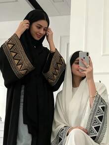 1pc Open Abaya With Elegant Embroidered Cuffs, Fashionable Muslim Islamic Clothing Suitable For Women's Daily Wear, All Seasons - Multicolor - View 6