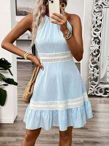 Vestido de mujer con parches, encaje en la espalda, nudo hueco, para vacaciones y playa - Multicolor - Ver 4