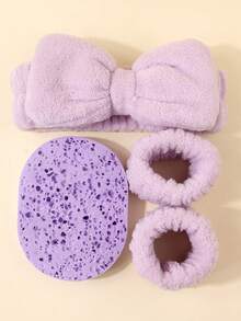 4 piezas Diadema morada + Muñequeras + Esponja de limpieza, Diadema de spa suave y esponjosa y muñequeras absorbentes de agua, Borla de limpieza facial reutilizable para el cuidado de la piel, maquillaje y ducha - Púrpura malva - Ver 4
