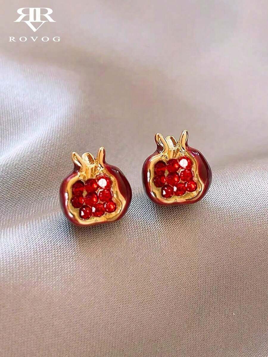 1 Pair Petite Elegant Vintage Pomegranate Unique Design Fully Rhinestone Embedded Glass Stud Earrings, Versatile For Women Daily Wear, Autumn/Winter - Burgundy - 查看 1