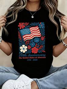 Women T Shirt 250th Anniversary United States Of America 1776 2026 Flag Floral Design Patriotic Celebration Graphic Tee - 黑色 - 查看 1