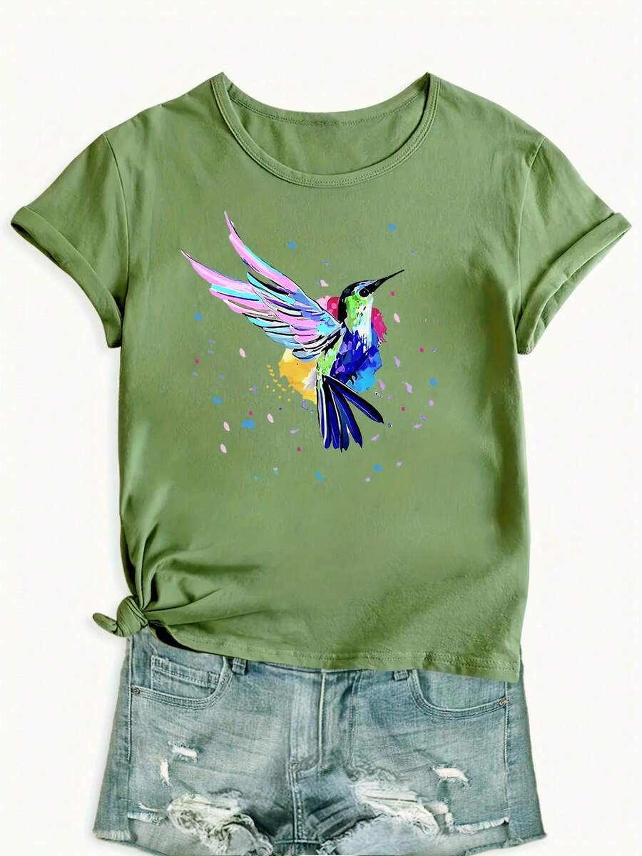 Unisex Size. Plus Size Women's Summer Cotton T-Shirt. Casual, Loose Fit, With A Cute Cartoon Hummingbird Print, Flattering And Sweat-Wicking. Sweat-Absorbing Material, Soft And Skin-Friendly. - 綠色 - 查看 1