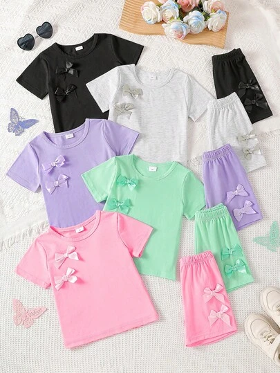 5 Sets (10pcs) Casual Solid Color 3D Bow Knit Fabric Short Sleeve Top And Shorts Set, Soft & Comfortable, Suitable For Outdoor Wear, Spring/Summer