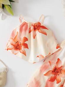 BASUSARRI Young Girls' Floral Print Camisole Top And Wide Leg Pants Set, Fashionable Casual Vacation Style Outfit - Orange - View 5