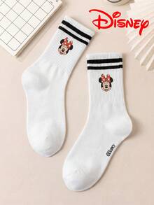 Disney 1双女士中筒袜，黑白条纹运动风，可爱卡通图案，防臭吸湿，休闲百搭，适合学生/成人作为礼物或日常穿着。 - 白色 - 查看 5