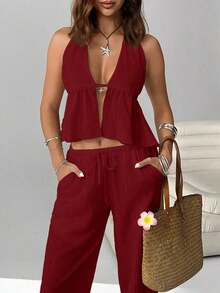 2 piezas Conjunto de top halter y pantalones casuales de vacaciones para mujer - Burdeos - Ver 3