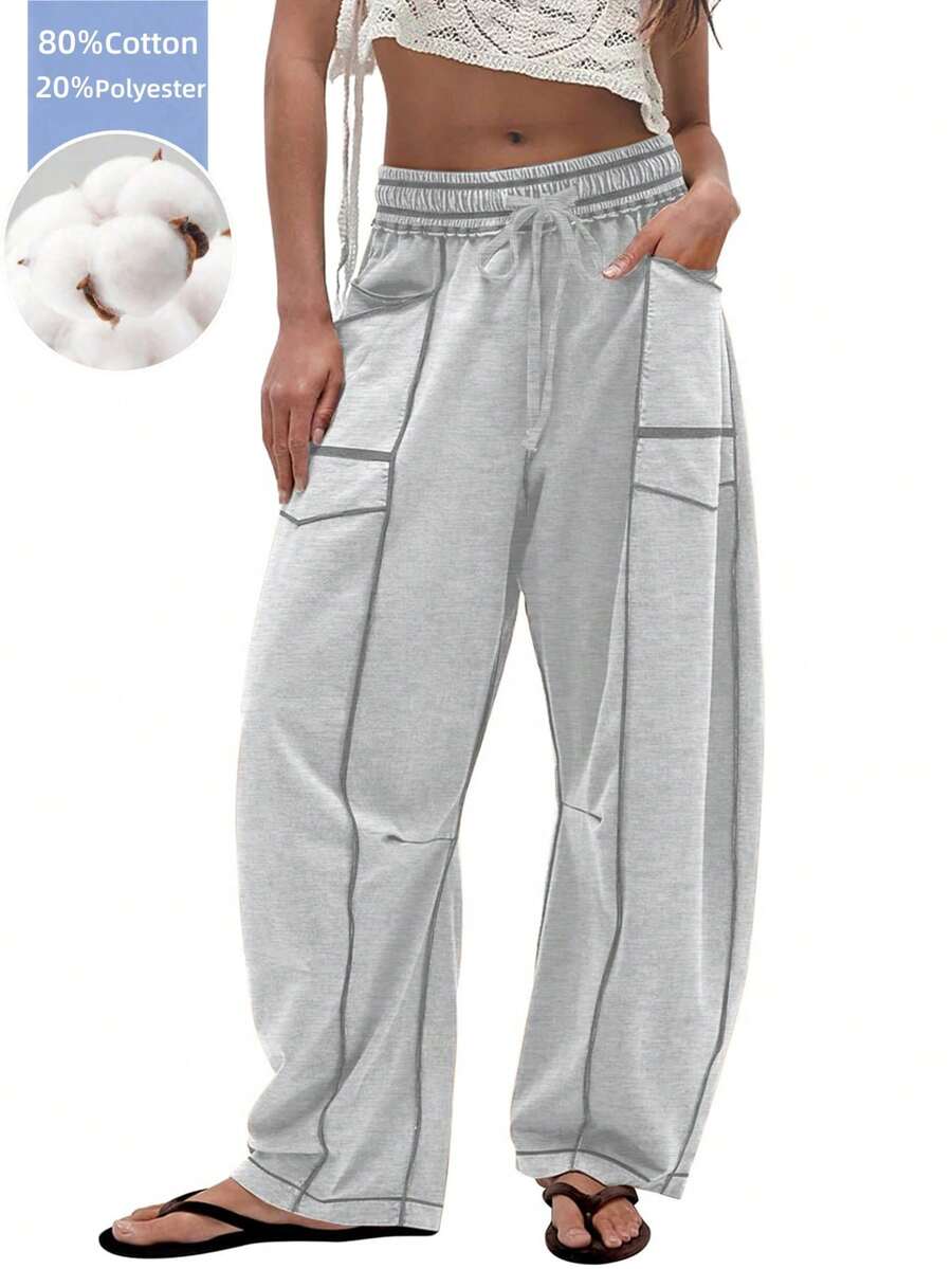 Women's Barrel Leg Sweatpants High Waisted Wide Leg Athletic Pants With Drawstring, Casual Loose Fit Lounge Sweatpants For Women, Yoga Baggy Joggers - Màu Xám nhạt - Xem 1