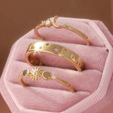 3件套新月形合成锆石戒指，手工半月形叠戴精致戒指，精巧月亮设计戒指，优雅宝石戒指，情侣戒指，送给她的礼物 - 金色 - 查看 3