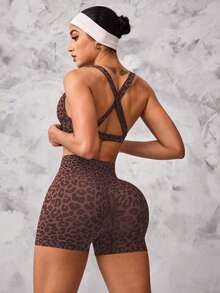 Sports 2pcs Leopard Print Twisted Cross Bra And Shorts Sports Set Workout Women Sets Y2k Glowmode - Coffee Brown - View 6