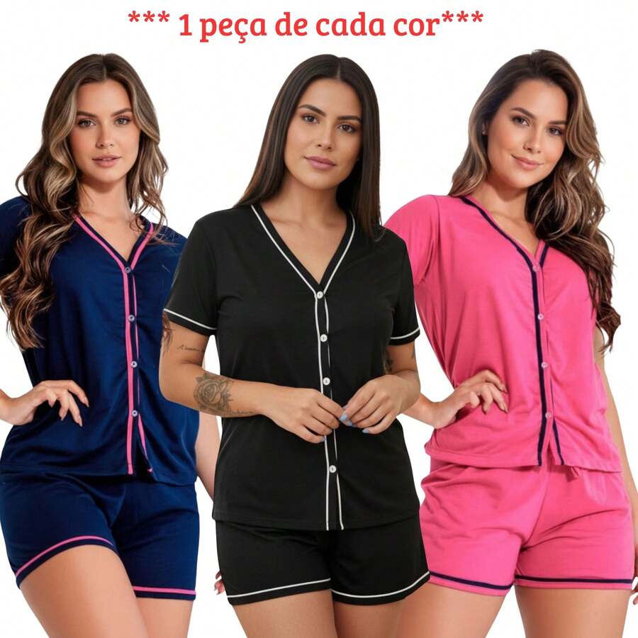 Kit With 3 American Surgical Breastfeeding Pajamas With Luxury Buttons Premium Mesh Blogger - Multicolor - View 1