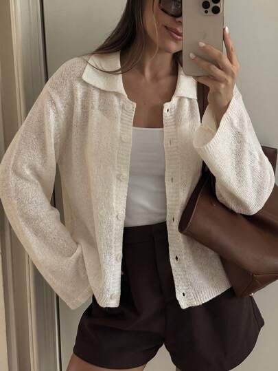 Áo khoác cardigan nữ YEYUAN màu trắng mới, tươi tắn và thanh lịch, cài cúc phía trước, cổ áo có họa tiết tinh tế, tay áo loe, phù hợp cho các dịp thường nhật, du lịch, hẹn hò và mặc hàng ngày.