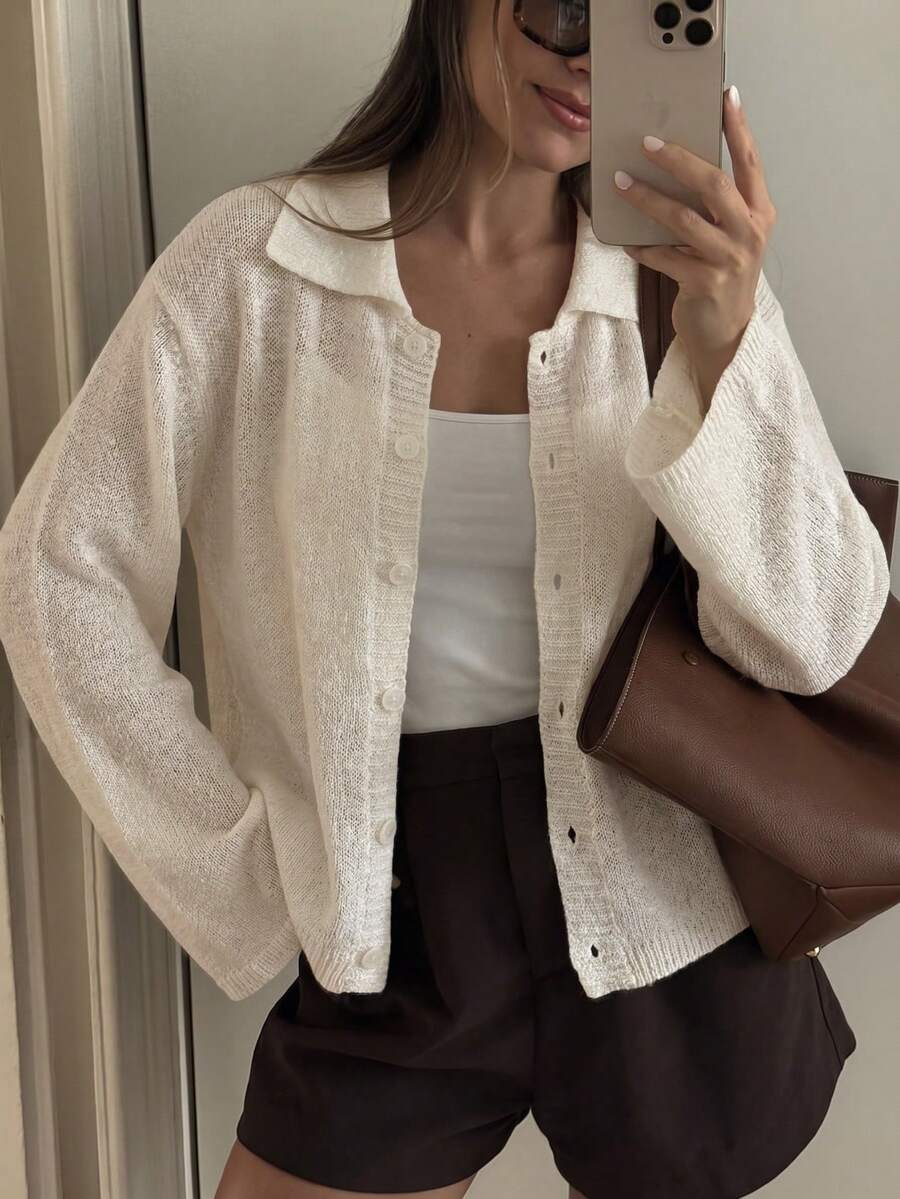 Áo khoác cardigan nữ YEYUAN màu trắng mới, tươi tắn và thanh lịch, cài cúc phía trước, cổ áo có họa tiết tinh tế, tay áo loe, phù hợp cho các dịp thường nhật, du lịch, hẹn hò và mặc hàng ngày. - trắng - Xem 1